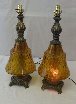Vtg Pair 2 Mid Century Modern Amber Glass Table Lamp Retro Hollywood Regency