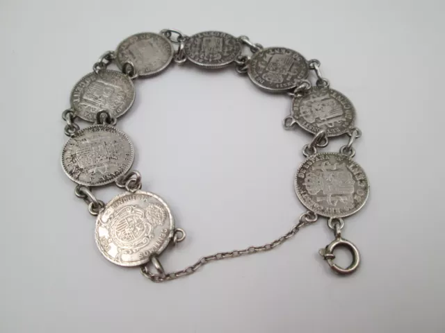 Spanish 50 Cents Coins Women's Bracelet. Alfonso Xiii King. Sterling Silver Rare