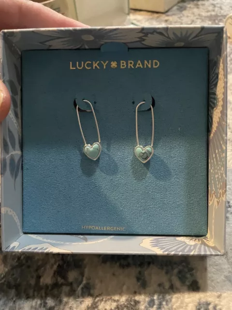 Lucky Brand Women's Heart Shaped Hanging Safety Pin Earrings Silver Tone