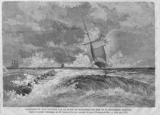 Boulogne-Sur-Mer "May Flower Scarborough Naufrage Wreck" Gravure Engraving 1866