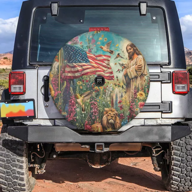Jesus American Flag Spare Tire Cover Truck Christian Patriotic Gift Flower Dog