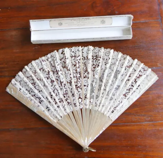 Antique J Duvelleroy Floral Lace & Mother of Pearl Boxed Hand Fan c19th