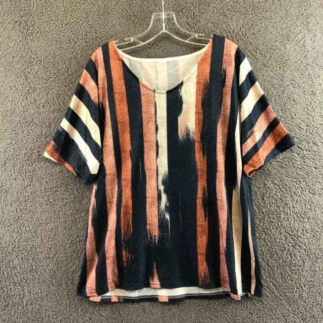 Womens Multi Abstract Striped Print Short Sleeve V Neck Blouse Top Size XL