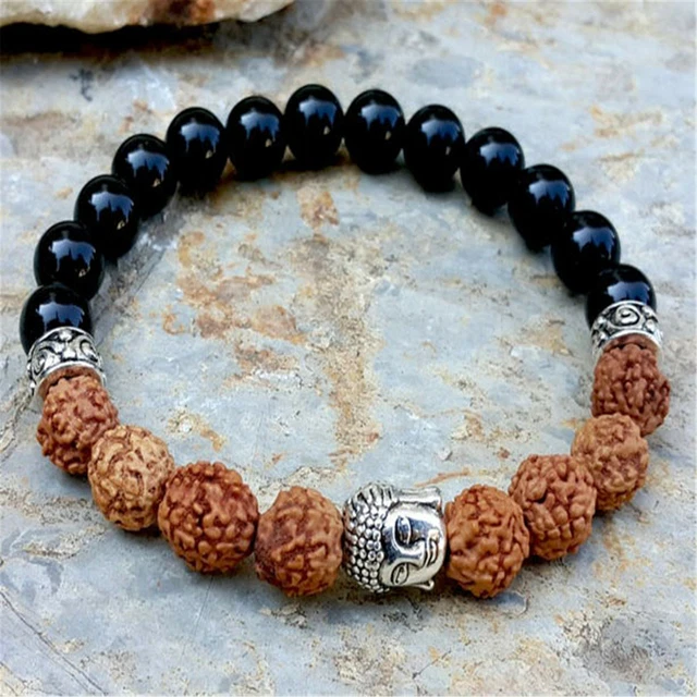 8mm Natural Black Onyx & Rudraksha Handmade Mala Bracelet Buddhism Healing