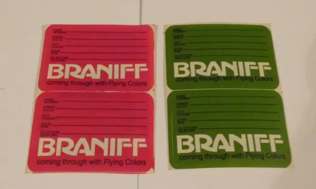 Vintage Braniff International Bag Tag Luggage Stickers - Red / Pink / Green