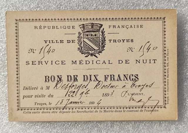 RARE BON DE DIX FRANCS 1894 VILLE DE TROYES : billet de nécessité inédit ?