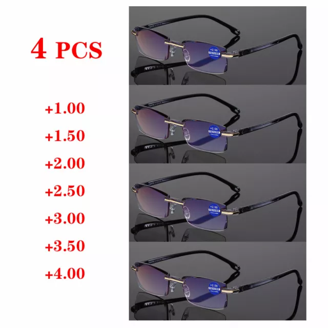 4x Rimless Reading Glasses +1.00 to +4.00 Black Platic Anti Blue-Lihgth Goggle