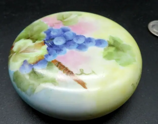 1985 small Hand painted Ceramic Paperweight signed Betty W Grapes pastel wash