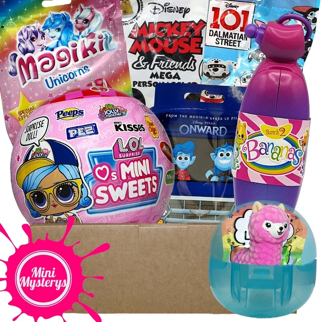 Pacchetto 7 giocattoli per ragazze inc LOL mini dolci, Disney, banane, fiamme topps, magiki