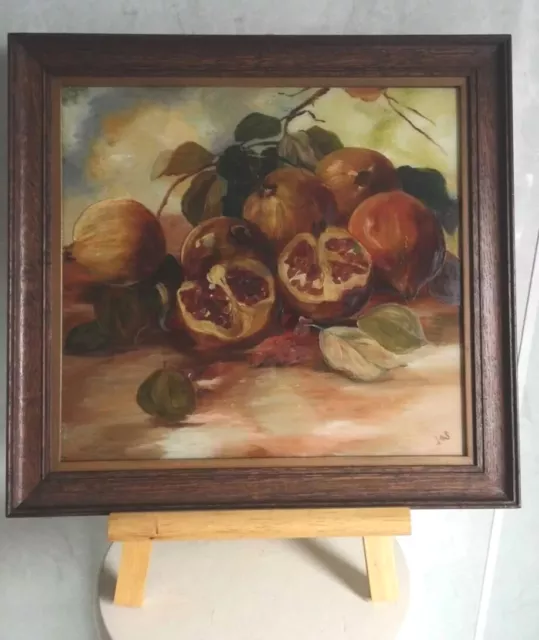 ANTIQUE OIL ON GLASS POMEGRANITE FRUIT STILL 15"x 17" Painted Both Sides SIGNED