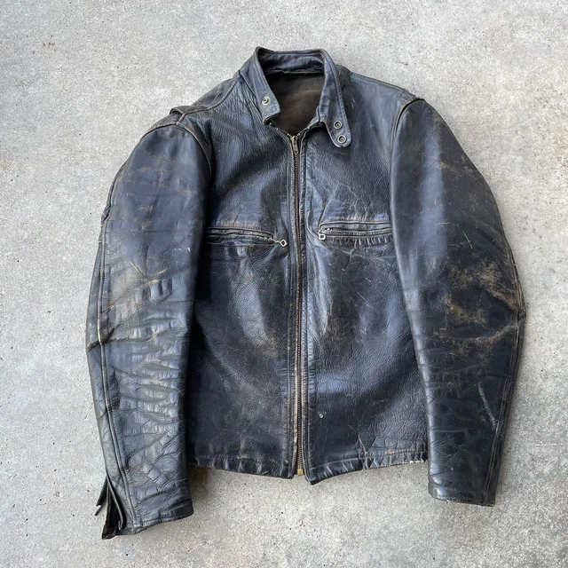 Vtg 40s/50s Genuine Steer Hide Leather Racer Cafe Motorcycle Jacket Size 34 USA
