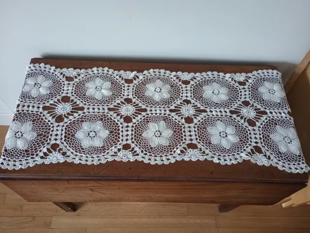 Vintage Hand Crocheted Rectangular Table Runner, Bureau Scarf 15”x 40”