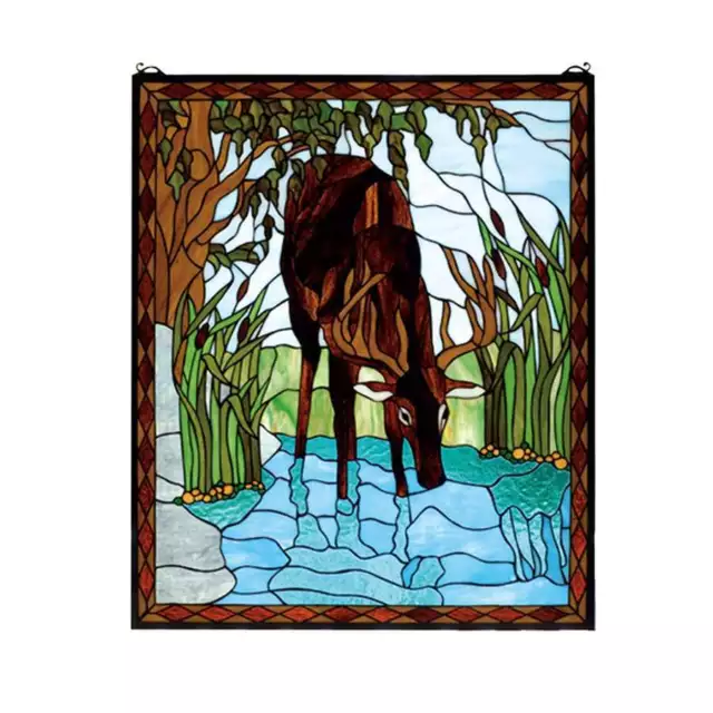 Meyda Lighting 25'W X 30'H Deer Stained Glass Window, Aq Amber Lt Blue - 72936