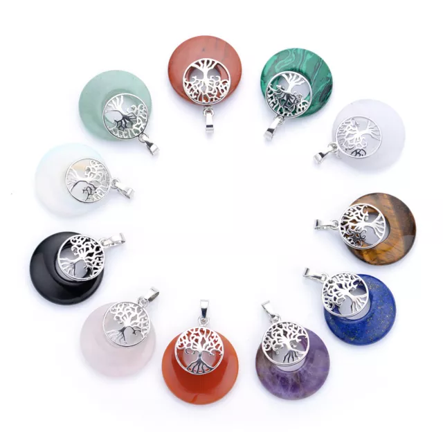 Natural Stone Lucky Coin Ring Tree of life Pendant Chakra Reiki Healing Energy