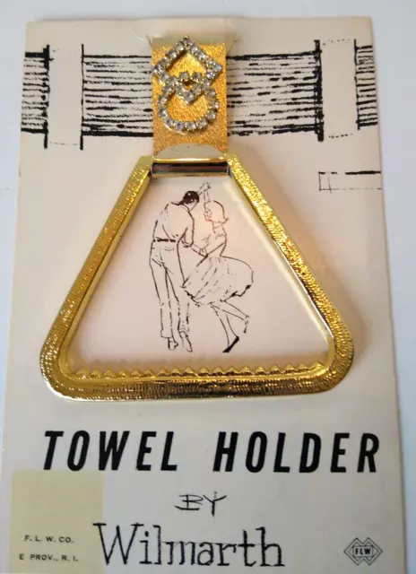 Vintage Wilmarth Towel Holder Gold Tone Rhinestone Square Dancers New Old Stock
