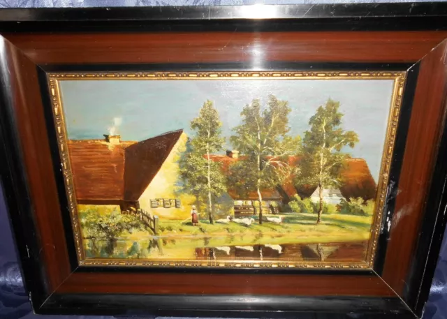 Altes Gemälde "Ländliche Szene mit Bauernhaus am Wasser mit Gänsen und Magd"