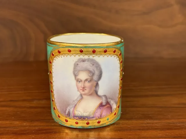 Antique Sevres Style Jeweled Porcelain Portrait Cabinet Cup, Madame du Barry