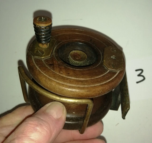 Moulinet De Pêche Ancien à Tambour Tournant – Bois Et Laiton, Rare, Eau Douce