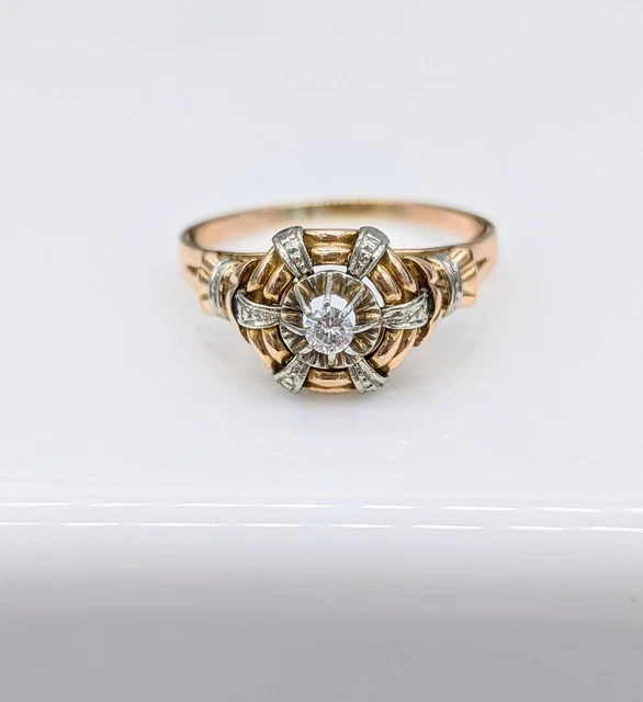 Bague Dôme En Or Jaune 18K Et Platine Avec Diamants - Taille 53, Occasion, Référence MP2651