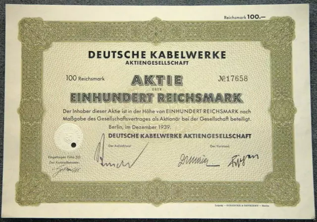 Deutsche Kabelwerke Aktiengesellschaft 1939 100 RM