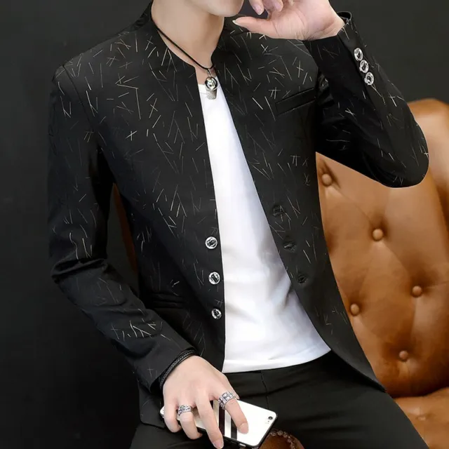 Mens Floral Stand Collar Jackets Slim Fit Fashion Botton Tops Korean Causal Coat