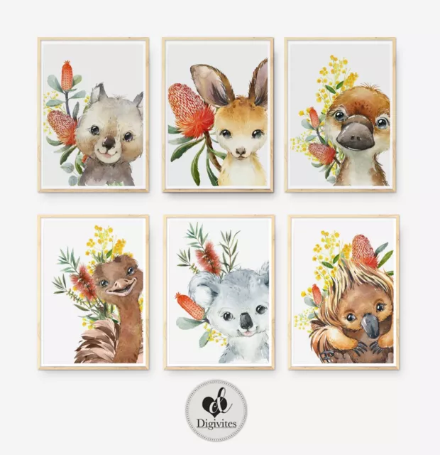 Australian animal Nursery Wall art prints, set of 6, Gender Neutral, Koala, Emu