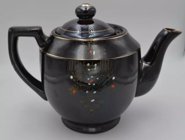 Vintage Brown Ceramic Hand Painted Teapot Floral Gold Trim Made in Japan 7"