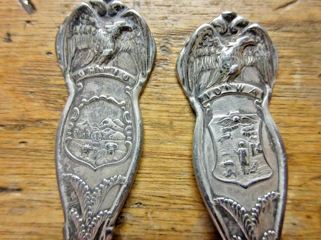 4 Commemorative Antique Silver Plate State Souvenir Spoons (Ohio Iowa Calf Ill)