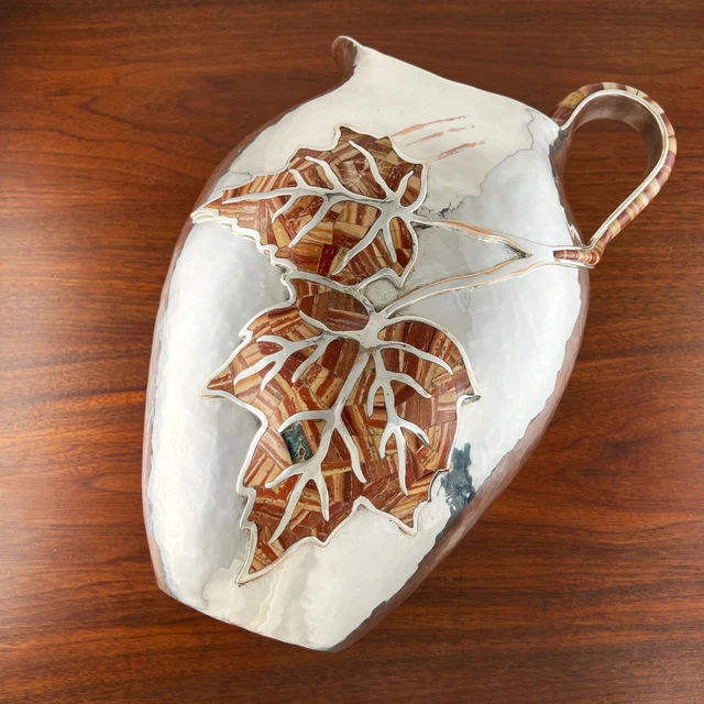 Massive Emilia Castillo Mexican Modernist Silverplate Pitcher Maple Leaves