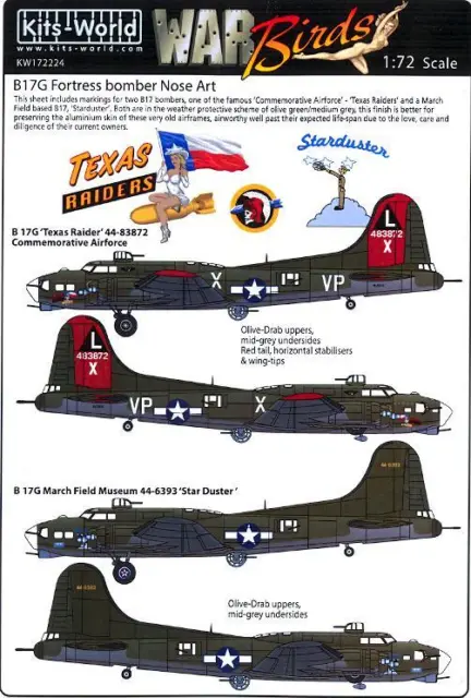 Kits World Decals 1/72 BOEING B-17G FLYING FORTRESS Texas Raiders & Starduster