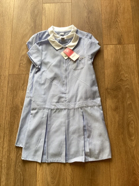 Nwt 2 Girls Tu School Blue Gingham Dresses Age 8 Years Rrp £12.00