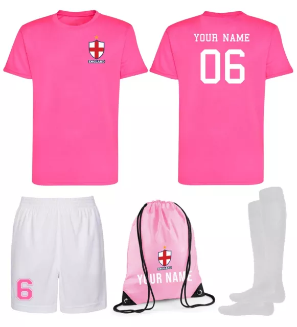 Personalised Kids England Style Pink Football Kit Shirt Shorts Socks & Bag
