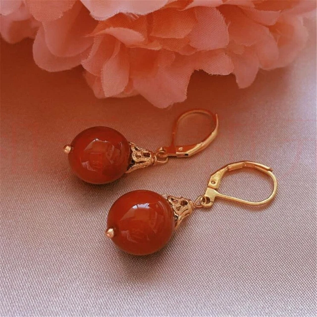 Elegant Natural Red Agate Pearl Earrings Ping Buckle 18K Lucky Gift Accessories