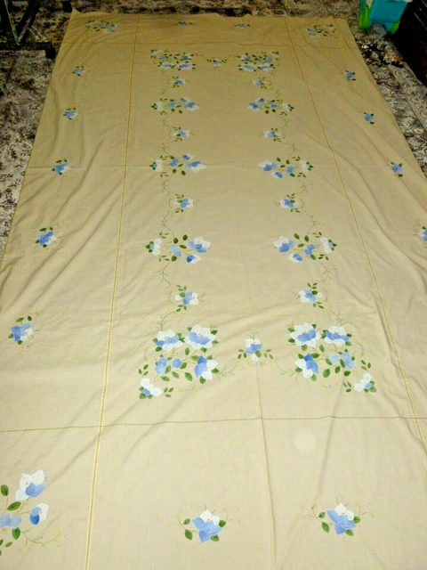 Handmade Applique Embroidery Flowers Tablecloth 66”x114” Floral Large Hand Sewn