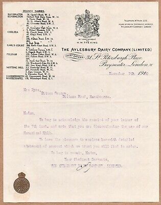 1920 Billhead, Aylesbury Dairy Company, Bayswater London King George V Coat Arms