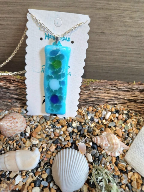Blue bubble fused glass rectangle Pendant Necklace gift Artisan Handcrafted new