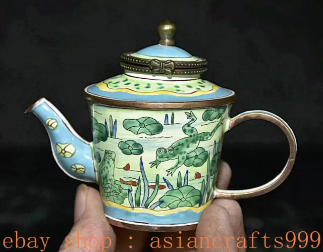 4,8" Markiert Alte China Kupfer Cloisonne Blume Frosch kleine Teekanne Teekessel