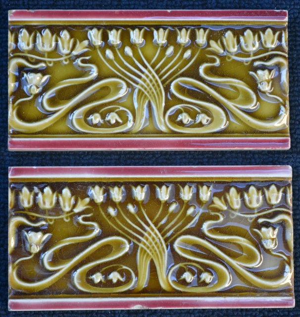 Belgium - 2 Antique Art Nouveau Majolica Border Tiles C1900