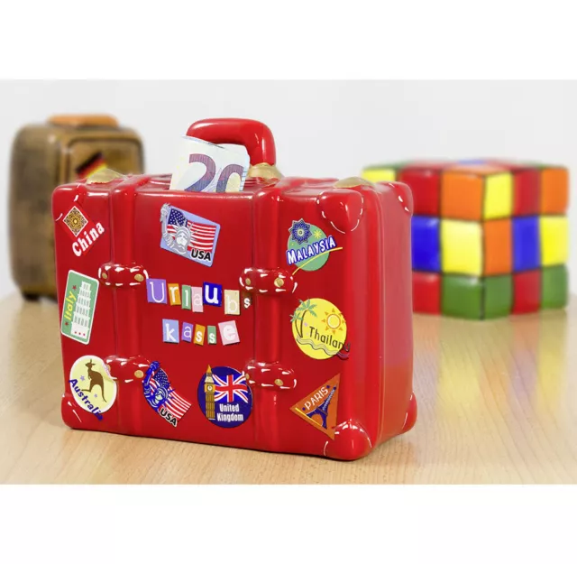 Spardose mit Schlüssel roter Reisekoffer Sparschwein Urlaubskasse Keramik rot