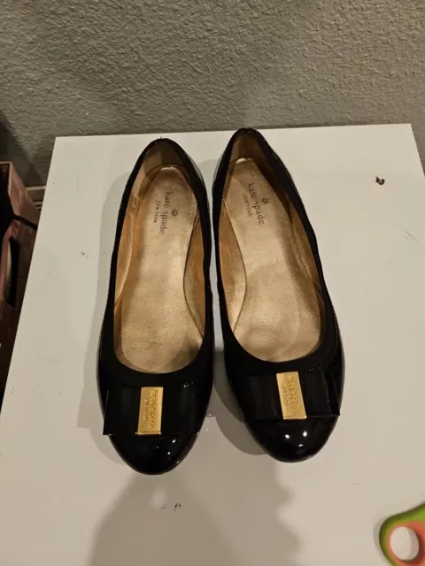 Kate Spade New York Tock Bow Ballet Flat Womens Sz 10 Patent Leather Black Gold