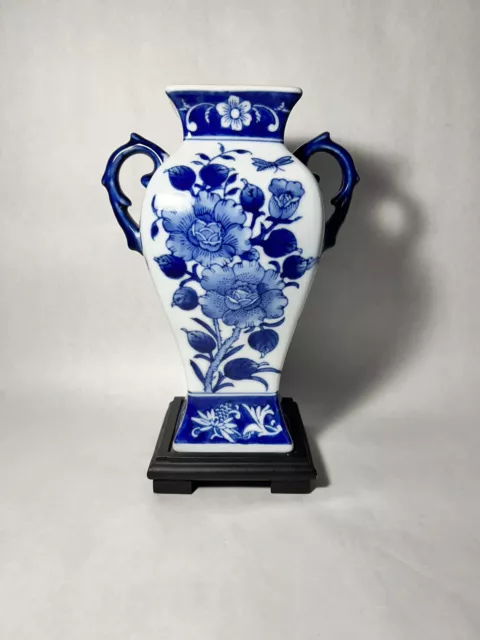 Double Ear Vase Vintage 10" Porcelain Blue White Flower Chinese with stand