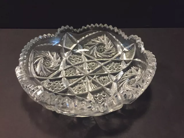Antique American Brilliant Period Cut Glass 7” Crystal Dish Bowl Sawtooth Edge