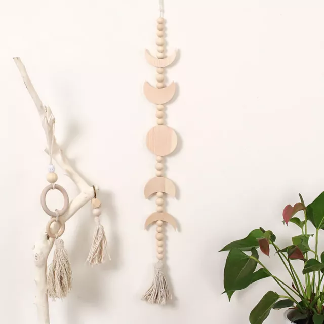 Wooden Moon Phase Wall Hanging Wood Bead Garland Boho Style Living Room Decor