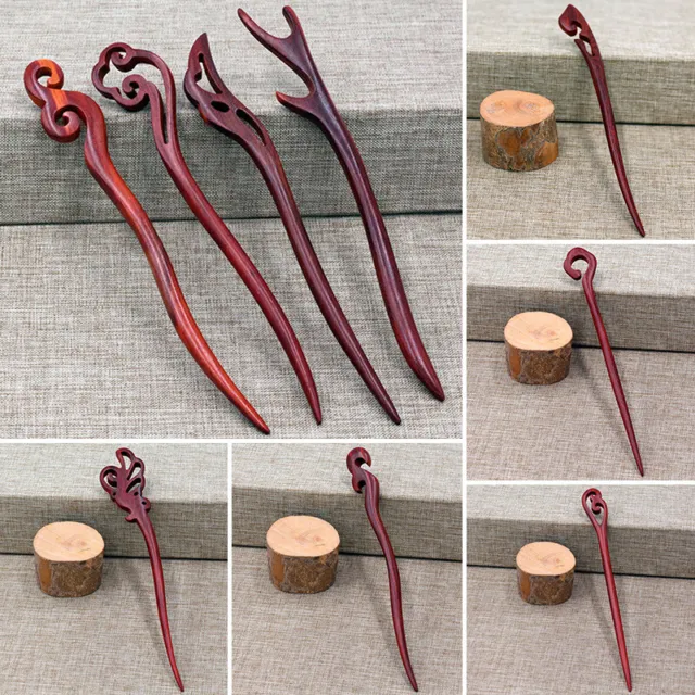 Women Retro Ethnic Wooden Handmade Carved Hair Stick Pin Hair Styling Gift