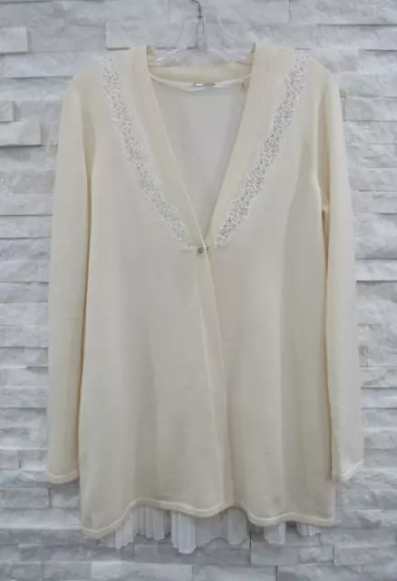 Elie Tahari $398 Ivory Merino Wool Lace & Pleated Trim Long Cardigan Sweater S