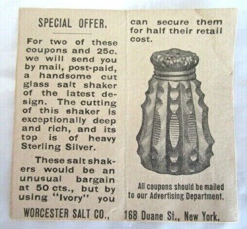 Vintage Worchester Ivory Salt Co Ad/ Coupon Print Salt Shaker -E6H-40