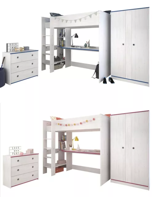 Kinderzimmer Smoozy Parisot 3-tlg Hochbett Kommode Schreibtisch Kleiderschrank