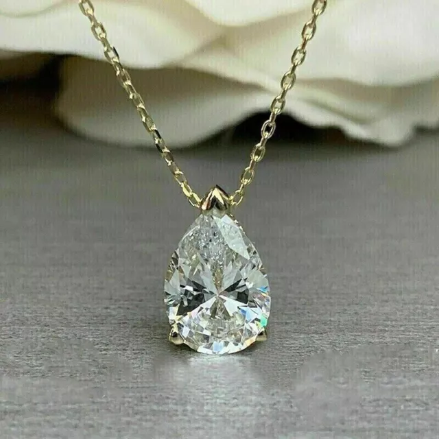 2Ct Pear Cut Simulated Diamond Solitaire Pendant Chain 14K Yellow Gold Plated