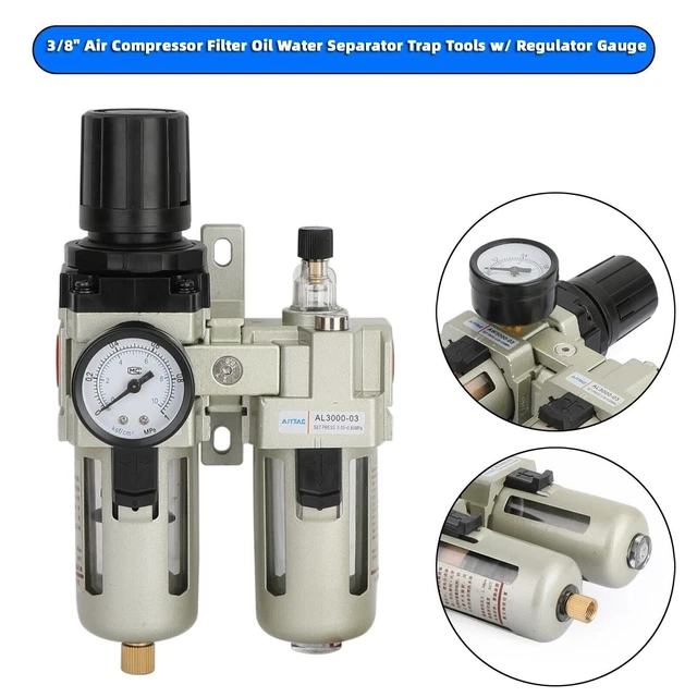 3/8" Air Compressor Filter Oil Water Separator Trap Tools w/ Regulator Gauge
