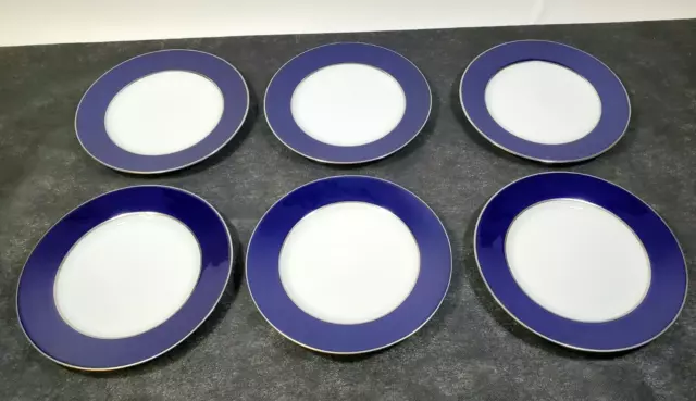 Set 6 Crate & Barrel Monno Colbat Blue Salad Plates 8" with Platinum